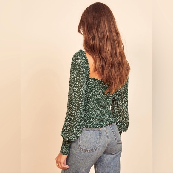 Reformation Emerald Smocked Blouse NWOT - Picture 2 of 7